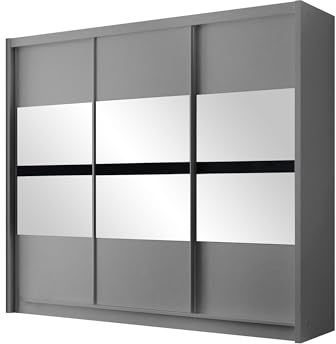 Mirjan24 Kleiderschrank Barteno 250, Garderobenschrank, Kleiderschrank mit Spiegel, 2 Schubladen, Kleiderstange, Schlafzimmerschrank (Graphit + Schwarz)