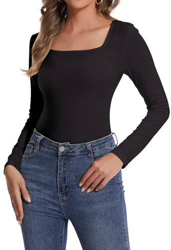 SHAPERIN Women Long Sleeve T-Shirt Elegant Square Neck Top Blouse Plain Stretchy Shirt Casual Tee, Black, XL