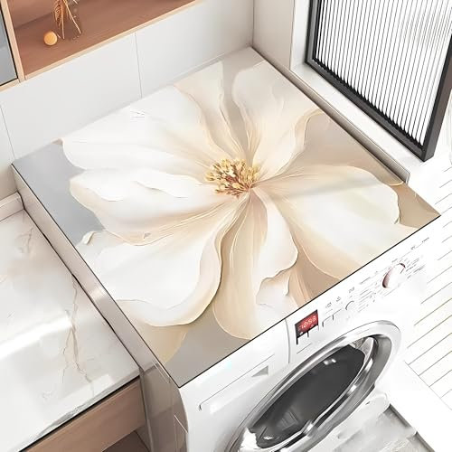 Treer Tappetino per Lavatrice Antiscivolo Assorbente, Copertura per Lavatrice Morbido Tappetino Protezione Superiore per Lavatrice, Asciugatrice e Frigorifero (60x60cm,Beige Flores)
