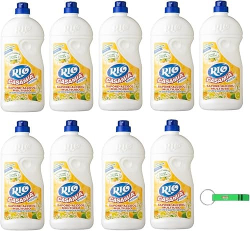 9x Rio Casa Mia - Igiene Sapone e Alcool Multiuso Agrumi di Sicilia - Detergente per Pavimenti e Superfici 1250ml + Portachiavi Beni Culinari in Omaggio