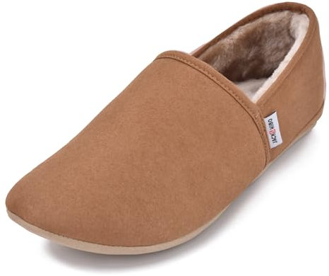 JACKSHIBO Hausschuhe Damen Herren Warme Plüsch Pantoffeln Weite Zehenbox Weiche Leicht Leder Hüttenschuhe Bequeme Rutschfest Drinnen Barfußschuhe Slippers Nullabsatz Sohlen (Braun(Plüsch),EU41)