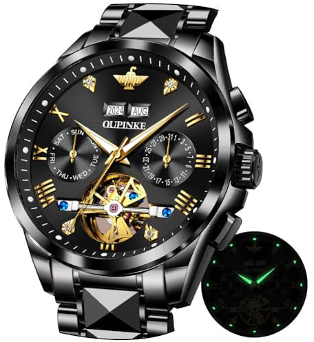 OUPINKE Schwarze automatische mechanische Armbanduhr für Herren Luxus-Kleid Wolframstahl Leuchtend wasserdicht synthetischer Saphir Diamant Kalender Männer