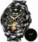 OUPINKE Schwarze automatische mechanische Armbanduhr für Herren Luxus-Kleid Wolframstahl Leuchtend wasserdicht synthetischer Saphir Diamant Kalender Männer