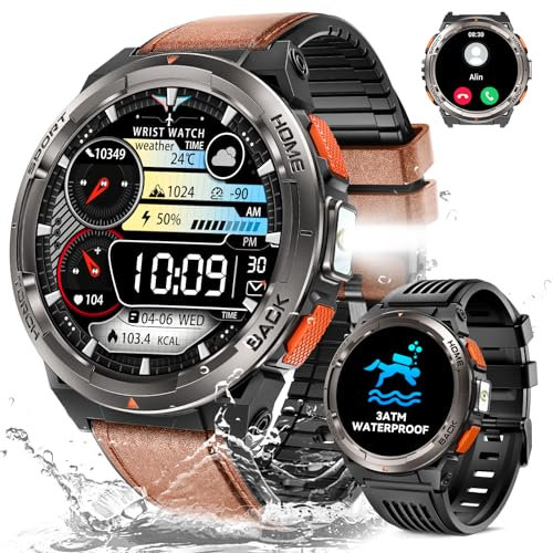 Reloj Inteligente Hombre con LED Linterna, 1,45'' 3ATM Impermeable Smartwatch Militar Hombre con Llamadas Bluetooth, Brújula, Altitud, Barómetro, Smartwatch Hombre con SpO2/Pulsómetro/para iOS Android