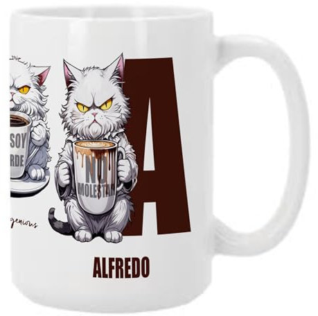 Bee Ingenious Taza Personalizada con Gato Borde - Nombre e Inicial A-Z | Taza XL 15oz-443ml de Cerámica Divertida para Desayuno | Regalo Gracioso con Mensaje Sarcástico (Letra-A)