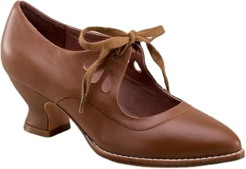 Women's Mary Jane Pumps Vintage Chunky Heel Lace Up High Heel Ladies Hollow Pointed Toe Dress Shoes for Daily(Braun,6.5 UK)