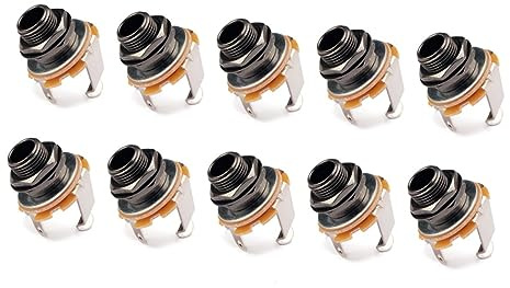 10 Pack Black Guitar Jack Socket Connector Gt10 1/4 Inch | Iron and Copper Plated Finish, Nut and Washer Included, Replacement Parts for Acoustic Guitar and Bass
