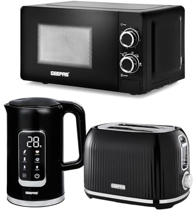 Geepas 1.7L Digital Electric Kettle 2 Slice Bread Toaster & Microwave Kitchen Combo Set | 2200W Cordless Jug Kettle, Keep Warm Function | 1000W Toaster | 20L 700W Solo Manual Microwave Countertop Set