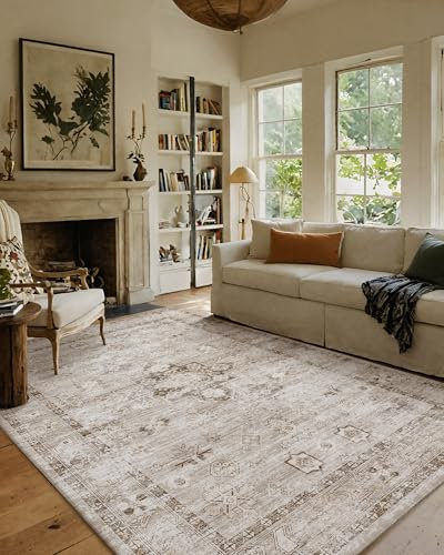 COLOR&GEOMETRY 122x183cm Dünne Weiche Maschine Waschbar Kleine Fläche Teppiche, Niedrige Stapel Vintage Teppich mit Rutschfesten TPE-Rücklage für Schlafzimmer, Wohnzimmer, Hellbeige und Braun