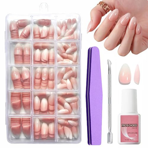 Almond False Nails Set - 240Pcs French Press on Nails with Glue - Pink Gradient Color French False Nail Kit - 15 Sizes Glossy Full Cover Stick on Nail Fake Nail Art Manicure