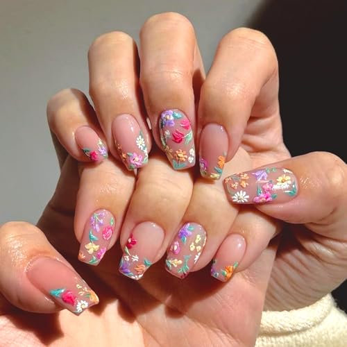 ASOMI 24 pcs Fleur Presse Ongles avec Gelée Colle Moyen Mignon Coloré Fleurs 3D Faux Ongles Carrés Acrylique Ongles Press-Ons Coloré Floral Couverture Complète