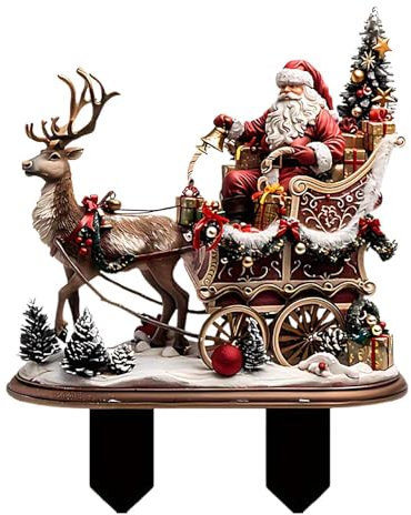 Hirsch Weihnachtsmann Figur Schlitten Deko, Acryl 2D Rentier Figur Weihnachtsstecker, Weihnachtsdeko Aussen Figuren, Weihnachtsfiguren Gartendeko, Gartenstecker Weihnachten Deko Draußen