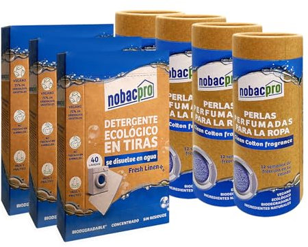 NobacPro - PACK Detergente en Tiras para Lavadora + Perlas Perfumadas para Ropa | 120 Lavados Tiras Fresh linen y 120 Lavados Perlas Clean cotton| Ecológico | Hipoalergénico | Vgano | sin plásticos