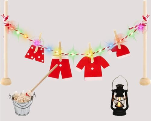 Charfia Wichtel Zubehör Weihnachten, Miniatur Wäscheständer Set, Miniatur Wichtel Kleidung, Wichtel Zubehör, inkl Wäscheständer, Wäscheleine, Kleidung, Klammern, Wäscheeimer, Mopp und Lampe (Beige-1)