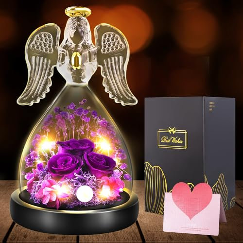JUOIFIP Ewige Rose Engel Figur Geschenke für Frauen, 3 Ewige Rose im Glas Schutzengel,Geburtstagsgeschenk für Frauen mit LED Licht, Oma Geschenk,Weihnachten Valentinstag, Violett