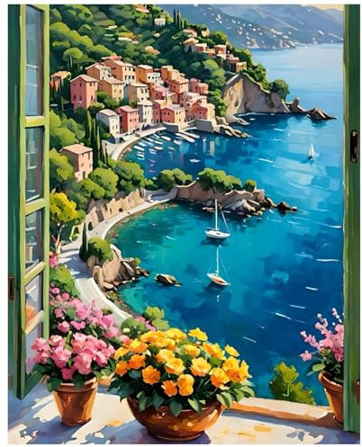 Peinture Numero Adulte Paysage, Peinture par Numero Adulte Rebord de Fenêtre Paysage, Peinture Numero Villes Balnéaires, Kits de Peinture au Numéro pour Décoration Maison et Cadeau 40x50 cm