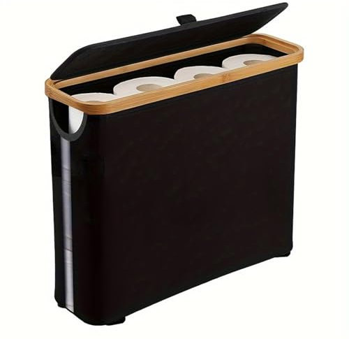 Toilet Roll Storage, Black Toilet Paper Basket with Lid Bamboo Toilet Paper Storage Holder Organiser Toilet Paper Storage Container for Mega Roll Standing for Bathroom Cabinet for up to 12 Rolls