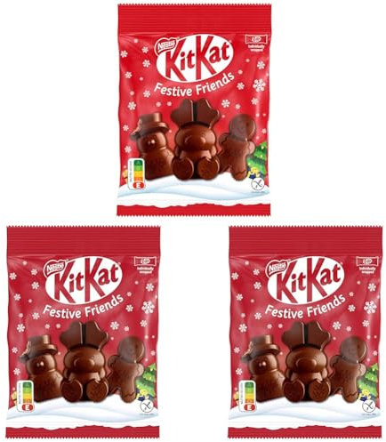 KitKat NESTLÉ KITKAT Festive Friends Schokoladen-Mix, Mini-Weihnachtsfiguren aus Milchschokolade mit Knusperstückchen, 3er Pack (1 x 65g)