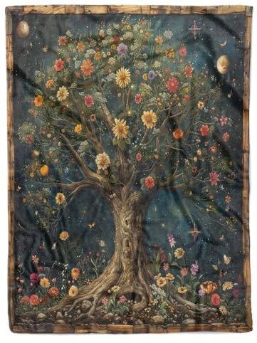 Baum des Lebens, Decke, Vintage, böhmische bunte Blume, weiche Plüschdecken, leichter und bequemer Fleece-Überwurf, gemütliche Geschenkdecke für Familie und Freunde, Bett, Couch und Reisen, 101,6 x