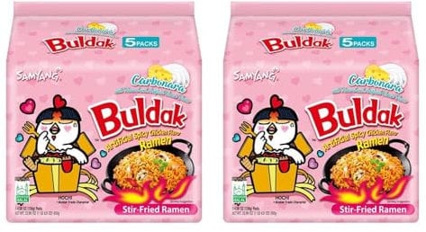 Saras Buldak Carbonara Hot Chicken Flavour Ramen Noodles 130g (Pack of 10) | Spicy & Creamy Korean Instant Noodles | Rich & Cheesy Texture | Perfect for Spice Lovers | Popular Korean Favorite