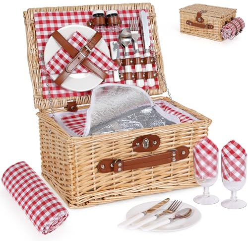 HEALSTOK Picknickkorb für 2 Personen - Isolierter Vintage Weidenkorb mit wasserdichter Matte & Besteckset Paare, Camping, Geburtstag oder Valentinstag(rotes Gitter)