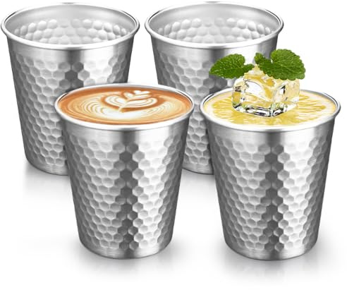 LEKEFETO Lot de 4 gobelets en acier inoxydable de 300 ml : gobelets empilables en métal sans anse, isolés motif marteau, tasses de camping, incassables, gobelets d'extérieur empilables, pour bière