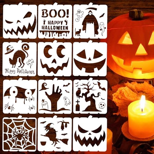 12 Stück wiederverwendbare Halloween-Schablonen für Malerei auf Holz und DIY Crafts Happy Halloween Geist, Fledermaus, Hexe, Kürbis