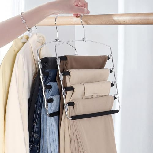 GOWODOOO Hosenbügel platzsparend,2 Stück 5 Etagen Mehrfach Kleiderbügel aus Metall,rutschfeste Polsterung,schwenkbare Hosenstege,für je 10 Jeans,Anzughosen,Schals