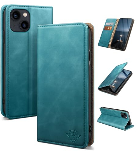 SUANDUCK for iPhone 13 6.1 phone case magnetic leather flip case with RFID-blocking card compartment, adjustable stand and 360° drop protection with Apple 13 Blue