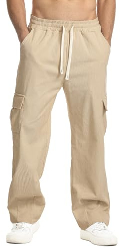 Suwangi Pantalon en Velours Côtelé pour Homme Cargo Décontracté 4 Poches | Taille Élastique,Cordon de Serrage,Pantalon de Travail,Casual,Coupe Droite