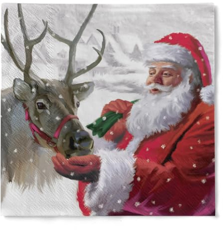 HAPPY PAPER Serviette RENTIER & SANTA aus 3-lagigem Tissue, 1/4 Falz, 33x33cm, 20 Stück – Design: Weihnachtsmann & Rentier, perfekte Tischdeko für Weihnachtsfeiern
