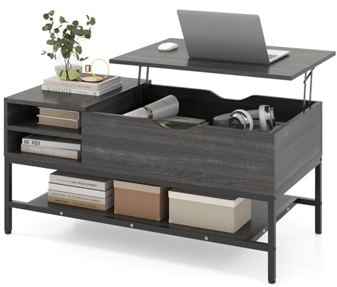 FANTASK Couchtisch, Kaffeetisch höhenverstellbar mit offenem Fach, Wohnzimmertisch mit Ablagefach, Moderner Beistelltisch für Wohnzimmer, 100 x 49,5 x 47,5 cm (Grau)