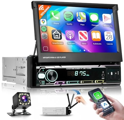 VECHTEL 7 Radio para Auto 1 DIN con Pantalla táctil retráctil Manual,Carplay inalámbric Android Auto,Carpa Colorida,FM/Am/RDS Radio con Bluetooth,2USB,cámara de visión Trasera/Control en el Volante