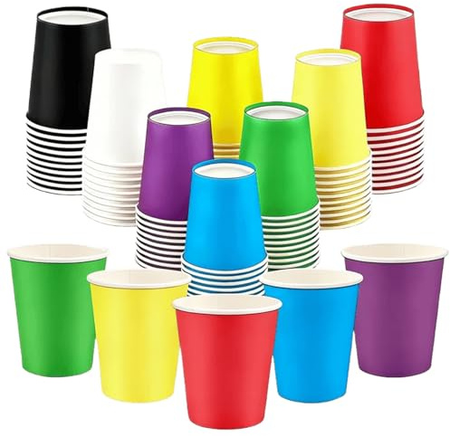 Solinorex 80 Bunte Pappbecher Set – 260 ml Mehrweg-Einwegbecher für Geburtstag, Hochzeit & Feiern, Einweggeschirr 8 Farben (Weiß, Rot, Blau, Gelb, Orange, Lila, Schwarz, Grün), 8,5 cm hoch