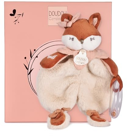 Doudou et Compagnie Kuscheltier Rassel Mina Fuchs – 18 cm – Plüschtier Baby mit integrierter Glöckchen – sensorisches Erwachen weich – Geschenkidee zur Geburt, Unisex, Rosa und Weiß