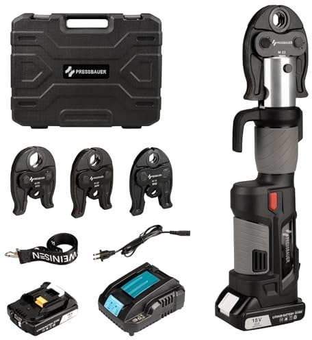 Professional Akku Presswerkzeug, Schubkraft 24KN Elektrisches Crimpwerkzeug mit M15, M22, M28-Backen, Pressmaschine mit 2 Stück 21V-4,0-Ah-Akku, Schnellladegerät und Tragetasche