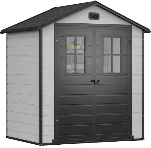 DWVO Kunststoff Gerätehaus 6x4,4 Fuß (ca. 170x123x207 cm) mit 2 Sichtfenstern, abschließbare doppelwandige Gartenbox für Rasenmäher & Gartengeräte –Grau Schwarz