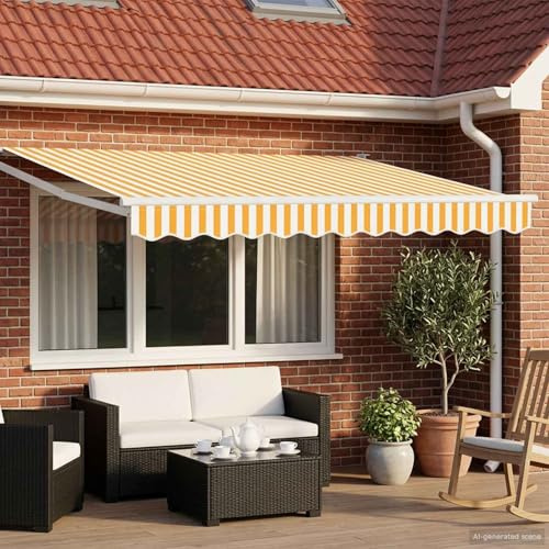 Tenda da sole motorizzata per terrazza, colore giallo e bianco, 2,5 x 2 m, tenda elettrica estensibile con poliestere rivestito in poliuretano, acciaio verniciato a polvere e telaio in alluminio