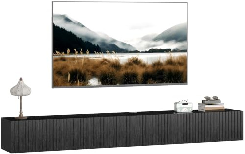 HOMCOM Floating TV Unit for Television up to 72 Inch Wall Mount 180cm Black | TV Stand Cabinet, Fluted Flip-Down Doors, Cable Management Hole, Entertainment Media Console, Living Room, Bedroom
