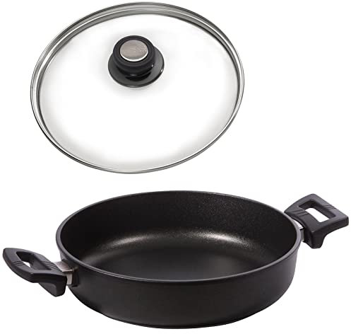 Eurolux Guss-Kasserolle Ø 28 cm Induktion Set mit Glasdeckel (Edelstahlrand) - flache induktive Universal Bratenkasserolle 4.0 Liter mit Antihaft-Beschichtung - Made in Germany