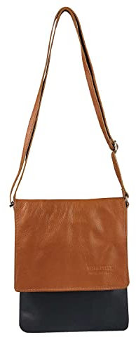 OBC Made in Italy Damen Ledertasche Umhängetasche Crossbody Schultertasche Schmucktasche Crossover Leder Tasche Nappaleder Vera Pelle iPad Mini Tablet 7'' (Cognac-Schwarz)