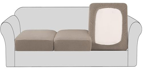 BellaHills Stretch Sofa Seat Cushion Cover Sofa Couch Cushion Furniture Protector Sofa Slipcover with Elastic Bottom Spandex Jacquard Fabric Small Checks(3 Pieces, Taupe)
