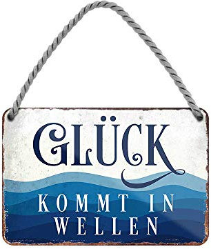Glück kommt in Wellen - Metallschild mit Kordel und Saugnapf - maritime Wanddeko oder Türdeko für Strandkorb Badezimmer Garten Balkon Terrasse Balkon Eingang Lieblingsplatz Boot Garage - 18x12cm