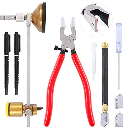 Keadic,Set di utensili da taglio per vetro, con pinze da corsa in vetro, punta in carburo da 2 mm a 20 mm, con 3 lame bonus, calibrato portatile circolare per specchi, mosaico, vetro colorato