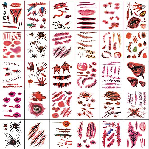 30 Sheets 3D Halloween Temporary Makeup Tattoos Fake Scars Bloody Scar Waterproof Fake Blood Sticker Realistic Bloody Wound Horror Body Face Decals Prank Props for Cosplay Party Supplies Props