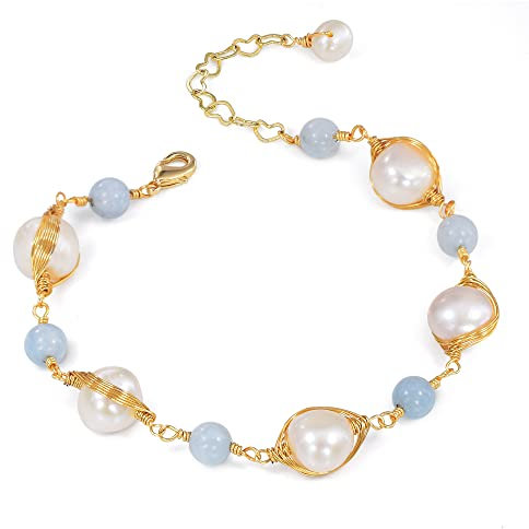 JFUME Perlenarmband mit Stationsarmband aus blauer Jade,vergoldetes Kupfer,verstellbare Damen 18cm mit 4cm Verlängerungskette