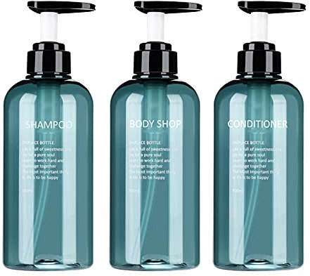 HANQIAN 3pack Empty Shampoo Bottles 500ml Soap Dispenser with Lotion Pump Refillable Conditioner Body Wash Squat Containers Set for Bathroom Shower Toilet (300ml Blue), 7*7*18cm