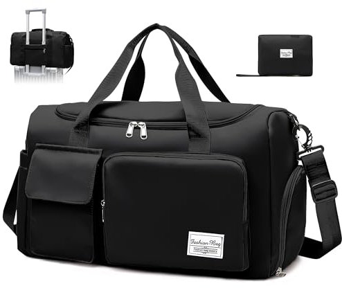 Hoseay Sporttasche Damen Herren Reisetasche mit Schuhfach und Nassfach Groß Gym Bag Faltbar Schwimmtasche Wasserdicht Trainingstasche Leicht Duffel Bag für Sport Fitness Reisen, Schwarz