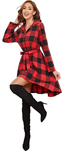 FANCYINN Robe à Carreaux à Manches Longues pour Femmes Robes à Carreaux plissés Robe Chemise à Carreaux Tartan Rouge et Noir M