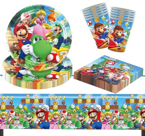 Kindergeburtstag Party Geschirr Kit, 61 Stück Geschirr Set Partyzubehör, Cartoons Partygeschirr Set, Geburtstag Geschirr Set mit Teller, Becher, Servietten, Tischdecke für 20 Kinder (Klempner)